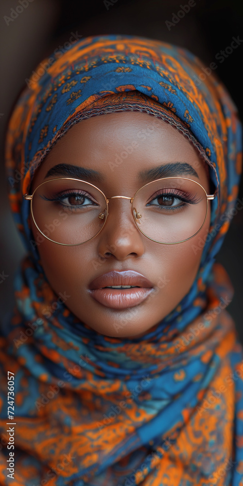 Moslemisches hübsches elegantes Frauen Gesicht mit Brille und Kopftuch Nahaufnahme Moslemisches hübsches elegantes Frauen Gesicht mit Brille und Kopftuch Nahaufnahme