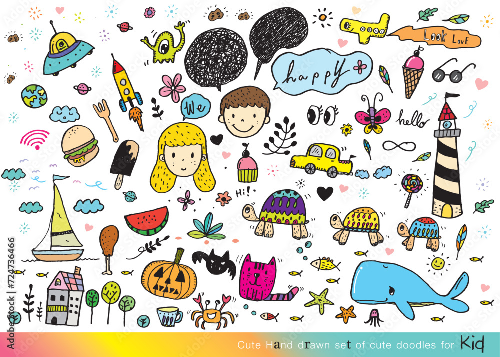 Fototapeta premium Vector illustration of Doodle cute for kid, Hand drawn set of cute doodles for decoration,Funny Doodle Hand Drawn, Summer, Doodle set of objects from a child's life,Cute animal