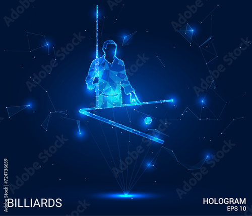 A billiard hologram. A billiard table of polygons, triangles of points and lines. A billiard player with a cue has a low-poly compound structure. Technology concept vector.