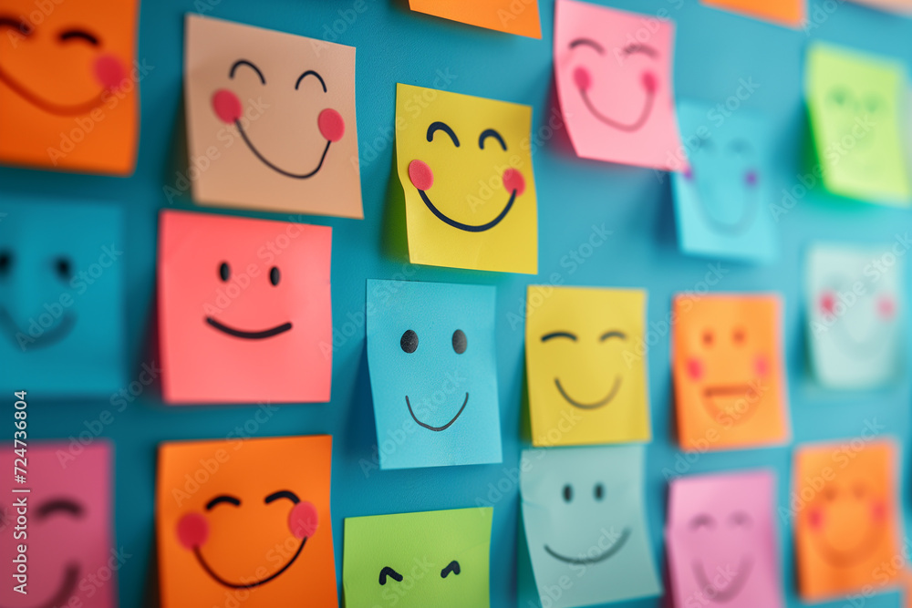 Happiness positive mind and Mental Health concept banner, Various happy smiling faces hand drawn on sticky notes, A set of happy face stickers, Customer testimonial and experience feedback concept Happiness positive mind and Mental Health concept banner, Various happy smiling faces hand drawn on sticky notes, A set of happy face stickers, Customer testimonial and experience feedback concept