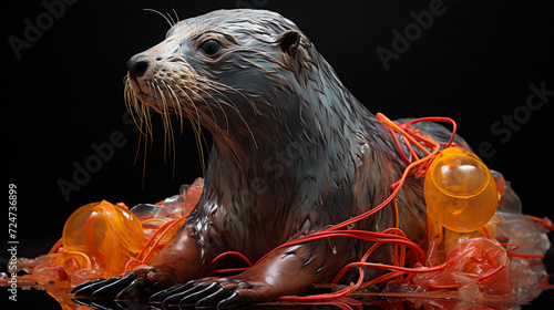 The wet pup gets entangled in plastic debris. Concept of environmental problems for animals in the wild. Copy space