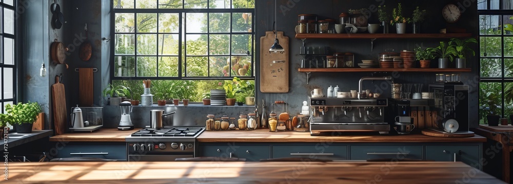 Wood bar top with blue sky over a kitchen, in the style of rustic scenes Wood bar top with blue sky over a kitchen, in the style of rustic scenes