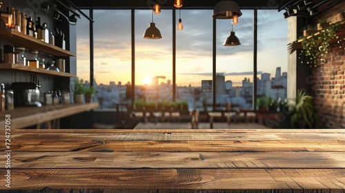 Wood bar top with blue sky over a kitchen, in the style of rustic scenes