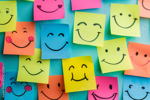 Happiness positive mind and Mental Health concept banner, Various happy smiling faces hand drawn on sticky notes, A set of happy face stickers, Customer testimonial and experience feedback concept