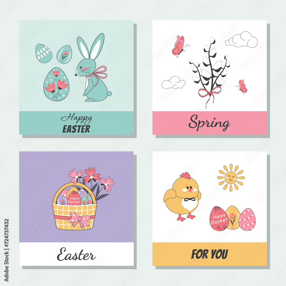 A spring set of Easter postcards with a rabbit, chickens and Easter eggs. Hand-drawn style, vector illustration