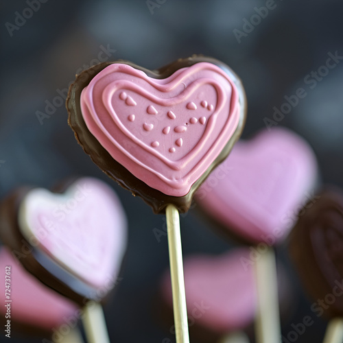 Some chocolate hearts cookies on the sticks, in the style of light gray and pink