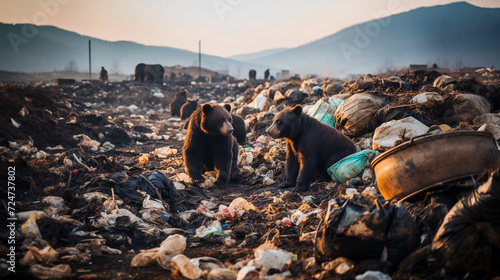 Bears are looking for food in a landfill. Mountains in the background. Environmental problems and waste concept