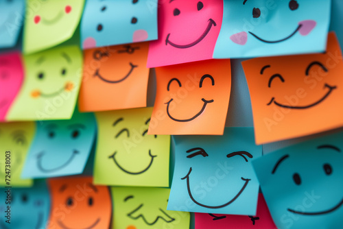Happiness positive mind and Mental Health concept banner, Various happy smiling faces hand drawn on sticky notes, A set of happy face stickers, Customer testimonial and experience feedback concept