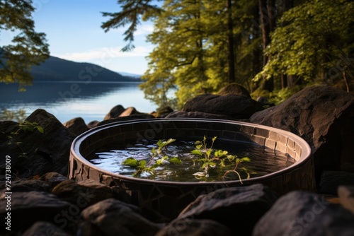 Hot tub in the garden with mountain view in background. Beautiful view of a lake in the forest on a summer evening