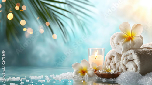 calm background with rolled towels,salt,white flowers,candles,bokeh and blue color