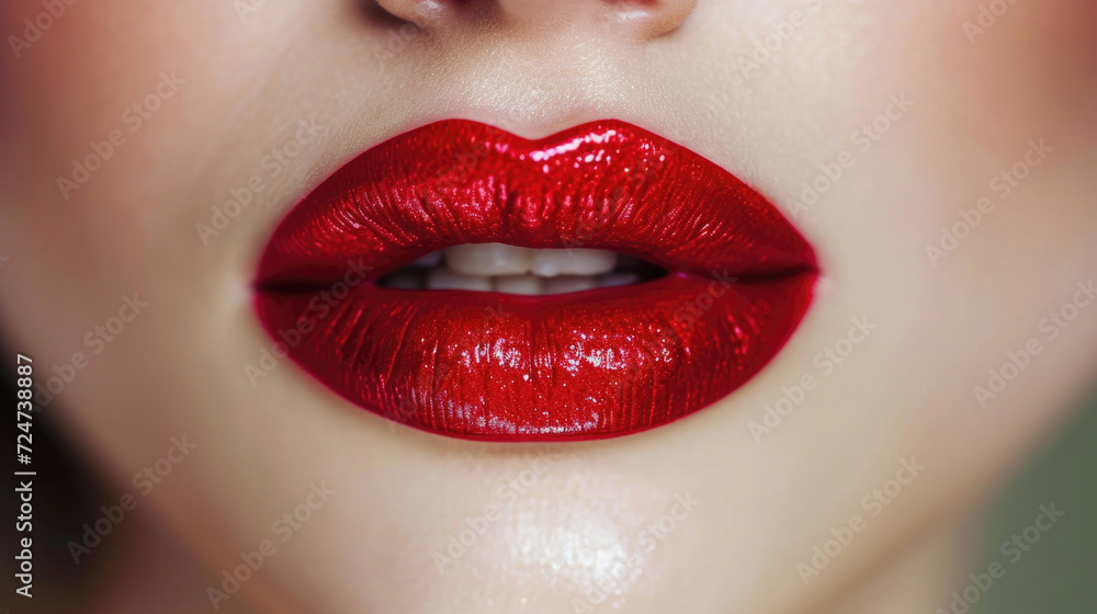 close-up of a woman's mouth, lips painted with red lipstick with glitter close-up of a woman's mouth, lips painted with red lipstick with glitter