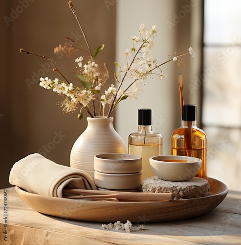 The source of luxury: a tray of luxury care products in the bathroom