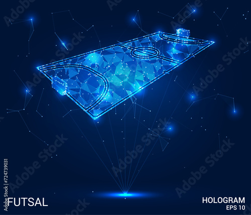 A hologram of futsal. The futsal field consists of polygons, triangles of dots and lines. The futsal is a low-poly compound structure. Technology concept vector.