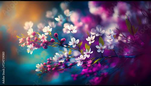 abstract nature background with spring blooming flowers ; spring blossoms landscape. Generative AI.