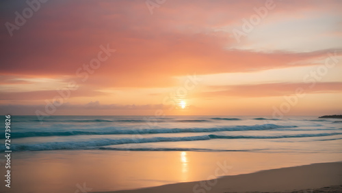 Dusk Horizon Delight Wide-reaching panorama capturing the delightful hues of dusk over a tropical beach, where the sky and sea share a dreamy palette.