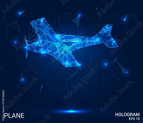 A hologram of an airplane. A light-engine aircraft made of polygons, triangles of dots and lines. The plane is a low-poly compound structure. Technology concept vector.