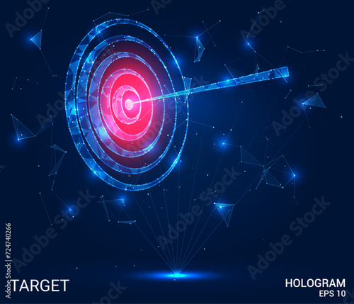 The hologram is the target. A target with an arrow made of polygons, triangles of points and lines. A target with an arrow is a low-poly compound structure. Technology concept vector.