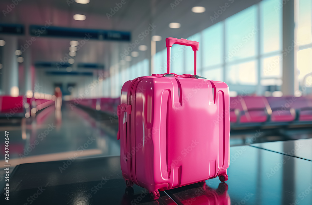 Pink travel luggage waiting room at airport, Holiday trip travel, travel illustration, airport gate