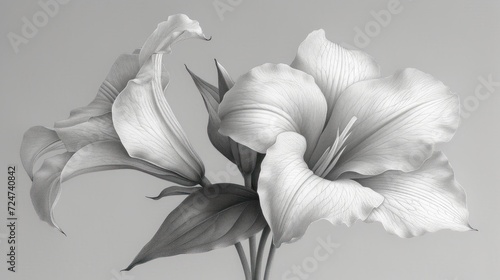  a black and white photo of two flowers in a vase on a gray background, with one flower in the foreground and the other flower in the foreground.