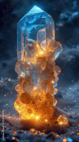 A radiant cluster of blue and amber crystals emerges from sandy ground, glowing with an inner light © Oksana