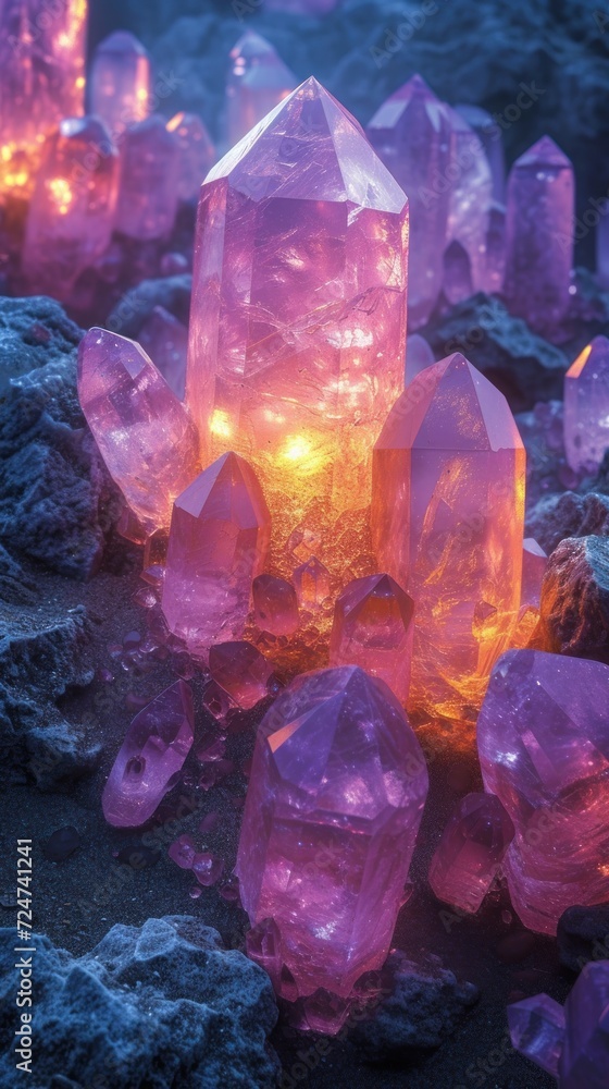 Ethereal magenta crystals glow with an inner light, surrounded by a mysterious mist Ethereal magenta crystals glow with an inner light, surrounded by a mysterious mist