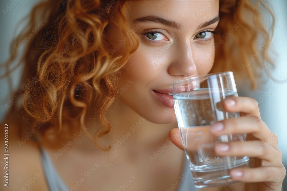 A serene portrait of a woman, her human face glowing with satisfaction, enjoying a refreshing drink of nature's purest beverage from a delicate glass of water A serene portrait of a woman, her human face glowing with satisfaction, enjoying a refreshing drink of nature's purest beverage from a delicate glass of water