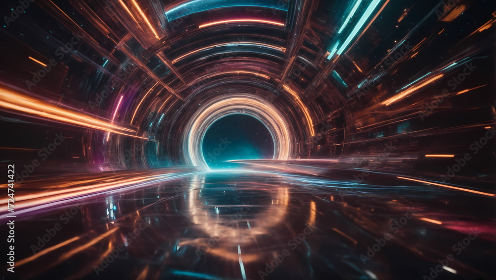Futuristic portal to another dimension with swirling colors and luminous trails. Hyperspace adventure in a visually stunning interstellar setting.