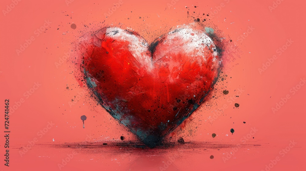  a painting of a red heart on a pink background with a splash of paint on the bottom of the heart and the bottom of the heart in the middle of the frame.