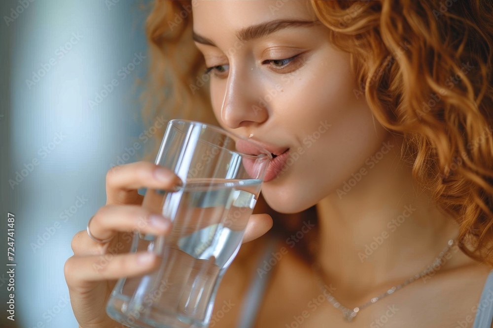 A serene woman quenches her thirst with a glass of refreshing water, connecting with nature and embracing the simple act of drinking A serene woman quenches her thirst with a glass of refreshing water, connecting with nature and embracing the simple act of drinking