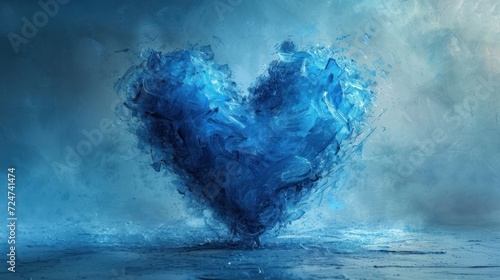  a blue heart shaped object in the middle of a body of water with water splashing from the bottom and bottom of the heart  on a dark blue background.