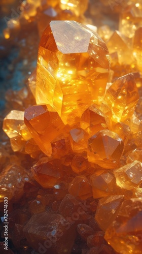 Translucent orange crystals shine with a warm, sunset glow, creating a radiant display