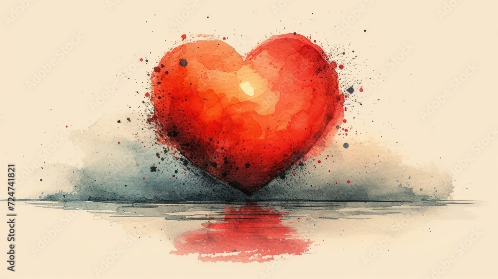  a watercolor painting of a red heart sitting on top of a body of water with the reflection of the heart in the water on the side of the image.