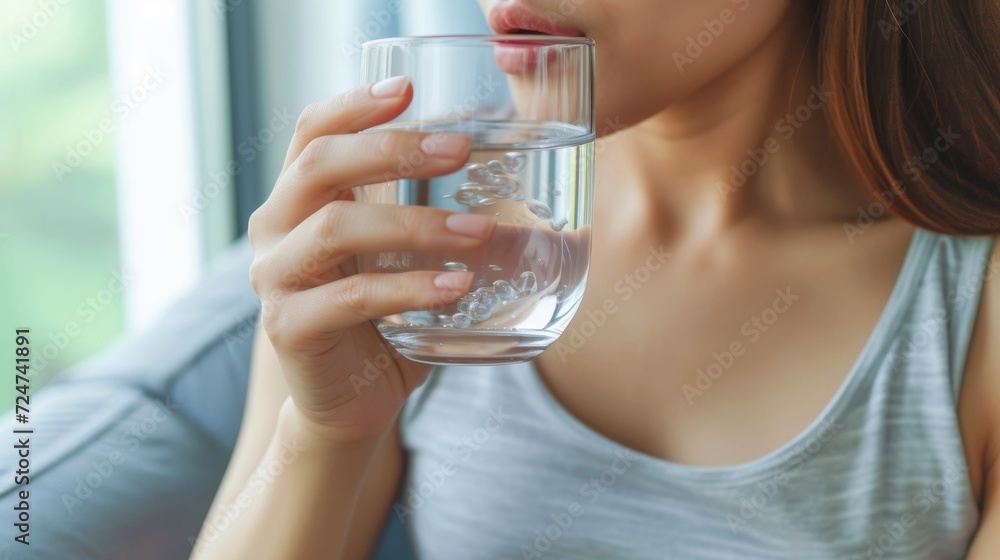 Close-up, Young woman drinking water, Woman enjoying a refreshing beverage at home Close-up, Young woman drinking water, Woman enjoying a refreshing beverage at home