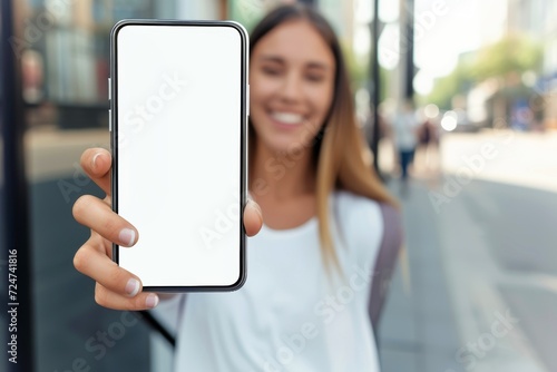 Obraz na płótnie Close-up, Happy beautiful woman showing white smartphone w salonie