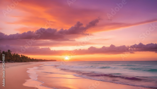 Golden Hour Oasis Capture the warm hues of a tropical sunset over the beach, with the sky painted in shades of orange, pink, and purple, meeting the gentle waves. © xKas