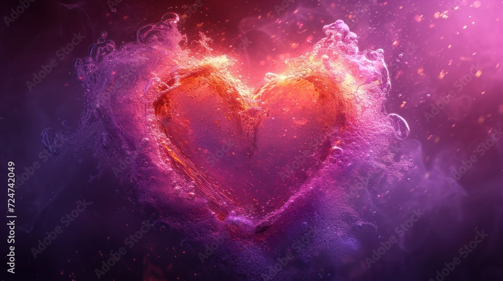  a heart shaped object in the middle of a purple and pink background with a splash of liquid coming out of the middle of the heart and the top of the image.