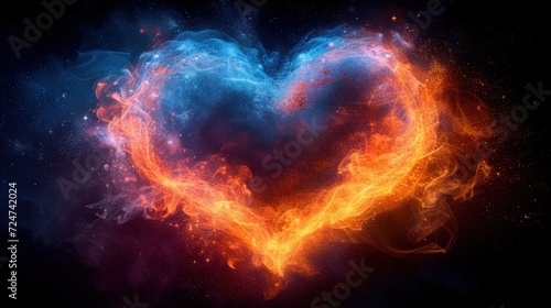  a heart made of fire and smoke on a black background with a red and blue heart on the left side of the image and a blue and orange heart on the right side of the right.