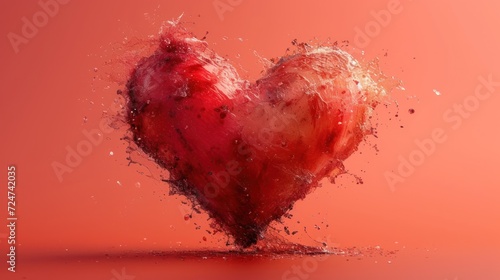  a red heart shaped object with water splashing out of it's center on an orange and pink background with a splash of water on the left side of the heart.