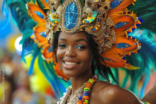 A jubilant woman dons a vibrant headpiece, adding to the lively atmosphere of the carnival as she dances and smiles with the energy of a showgirl at a mardi gras festival