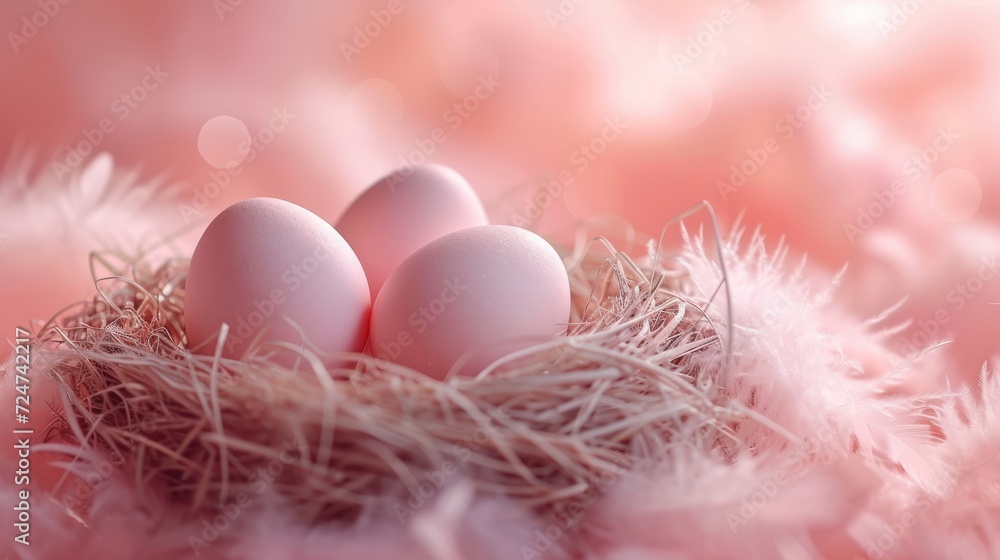 Pink easter eggs in bird nest at table with natural material background Pink easter eggs in bird nest at table with natural material background
