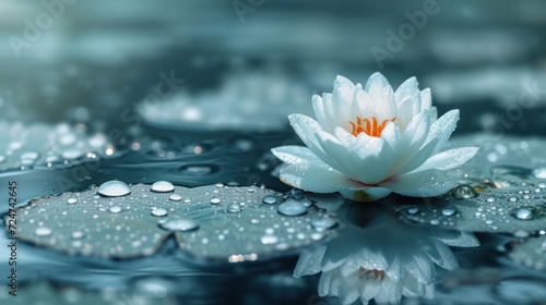  a white water lily floating on top of a body of water with drops of water on the surface of the water and on top of the water is a lily pad with water droplets.