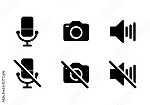 Video call icon set with loudspeaker, mute, camera on, camera off, microphone on and microphone off icon in black color on white background - Vector Icon