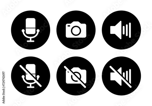 Video call icon set. Loudspeaker, mute, camera on, camera off, microphone on and microphone off icon in black circle on white background - Vector Icon photo