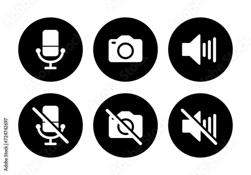 Video call icon set. Loudspeaker, mute, camera on, camera off, microphone on and microphone off icon in black circle on white background - Vector Icon