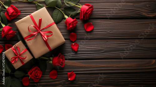 Gift box with red ribbon and rose flowers on brown wooden table 