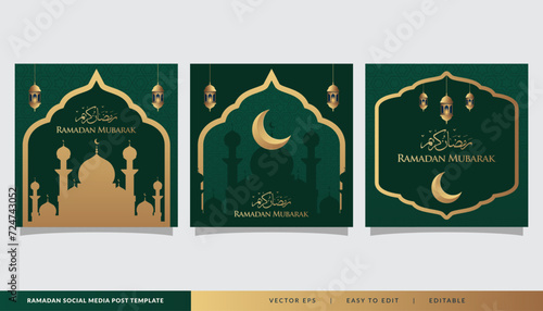 Islamic template background  green set square banner for ramadan kareem feed social media post