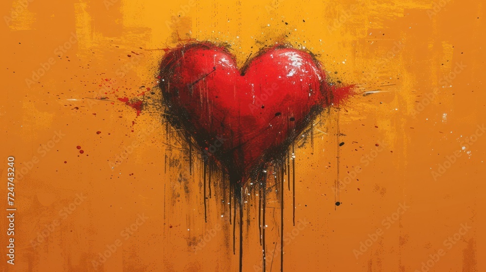  a painting of a red heart splattered on a yellow wall with paint splattered on the side of the wall and on the side of the wall.