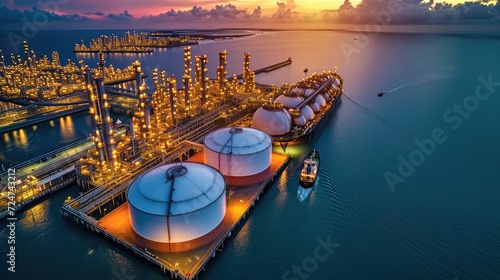 Aerial view of Oil terminal storage tank, Tank farm storage chemical petroleum petrochemical refinery product at oil storage terminal company, Business trade fuel energy transport. Generative AI.