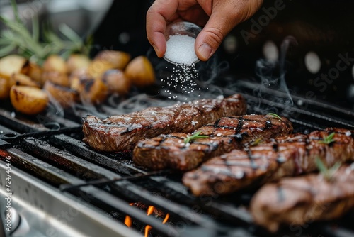 A person expertly seasons a sizzling steak on the grill, adding flavor to their mouth-watering barbecue feast photo