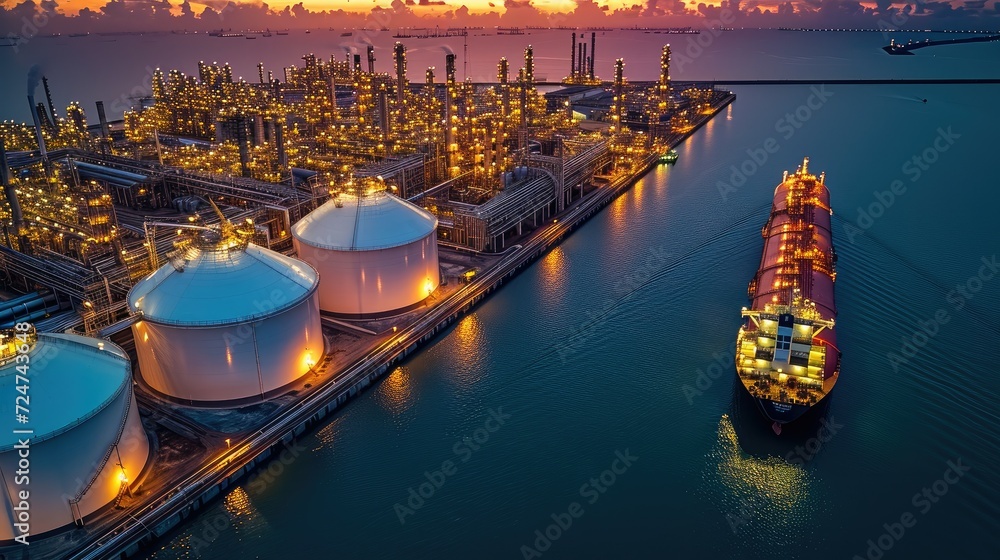 Aerial view of Oil terminal storage tank, Tank farm storage chemical petroleum petrochemical refinery product at oil storage terminal company, Business trade fuel energy transport. Generative AI. - obrazy, fototapety, plakaty 